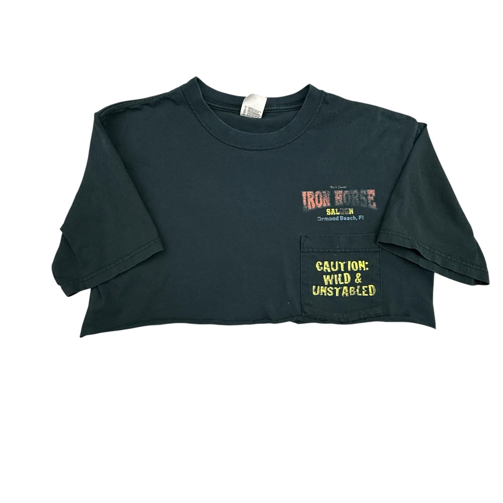 Anvil Iron Horse Saloon Women Medium Black Biker Graphic Raw Hem Crop Top Pocket